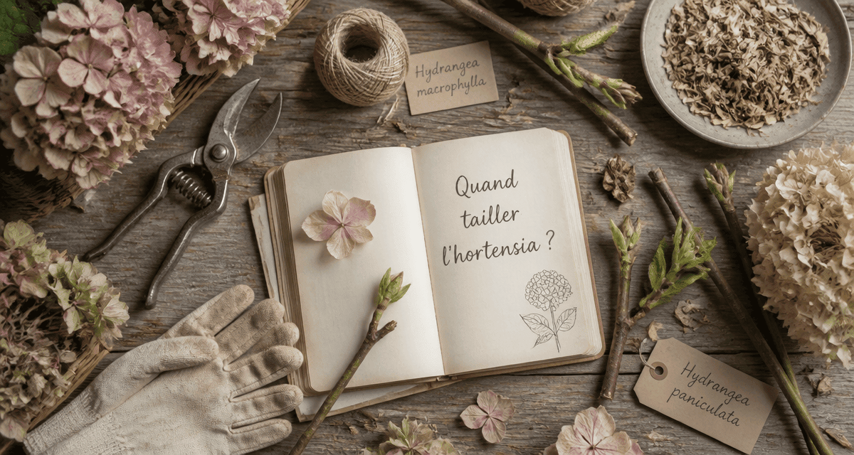 quand couper hortensia outils et bourgeons sur table