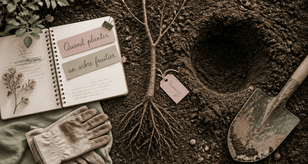 quand planter un arbre fruitier, jeune arbre racines nues, outils de jardinage