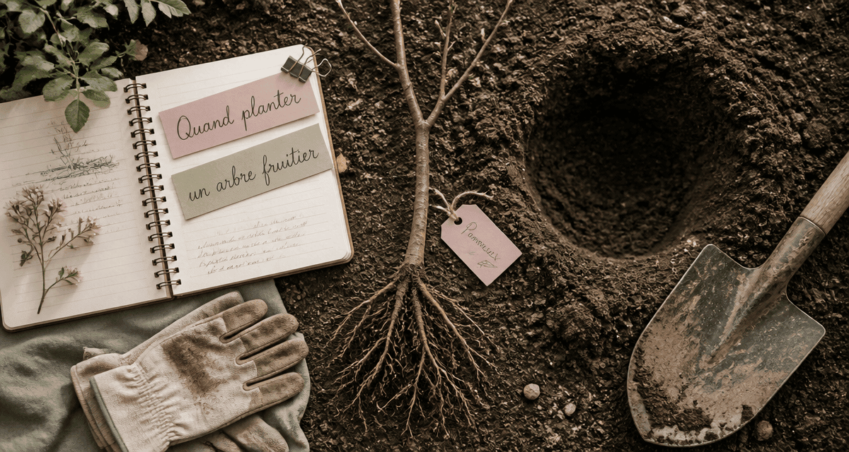 quand planter un arbre fruitier, jeune arbre racines nues, outils de jardinage