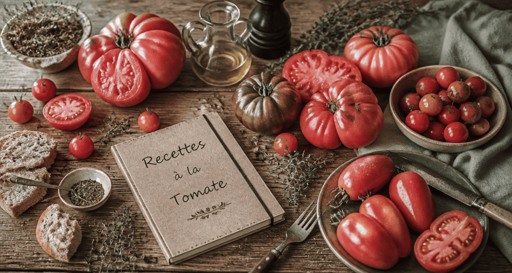 recette avec tomates sur table rustique, variétés et ingrédients
