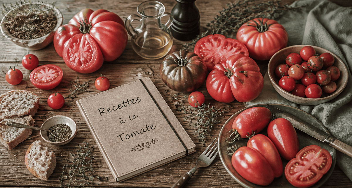 recette avec tomates sur table rustique, variétés et ingrédients