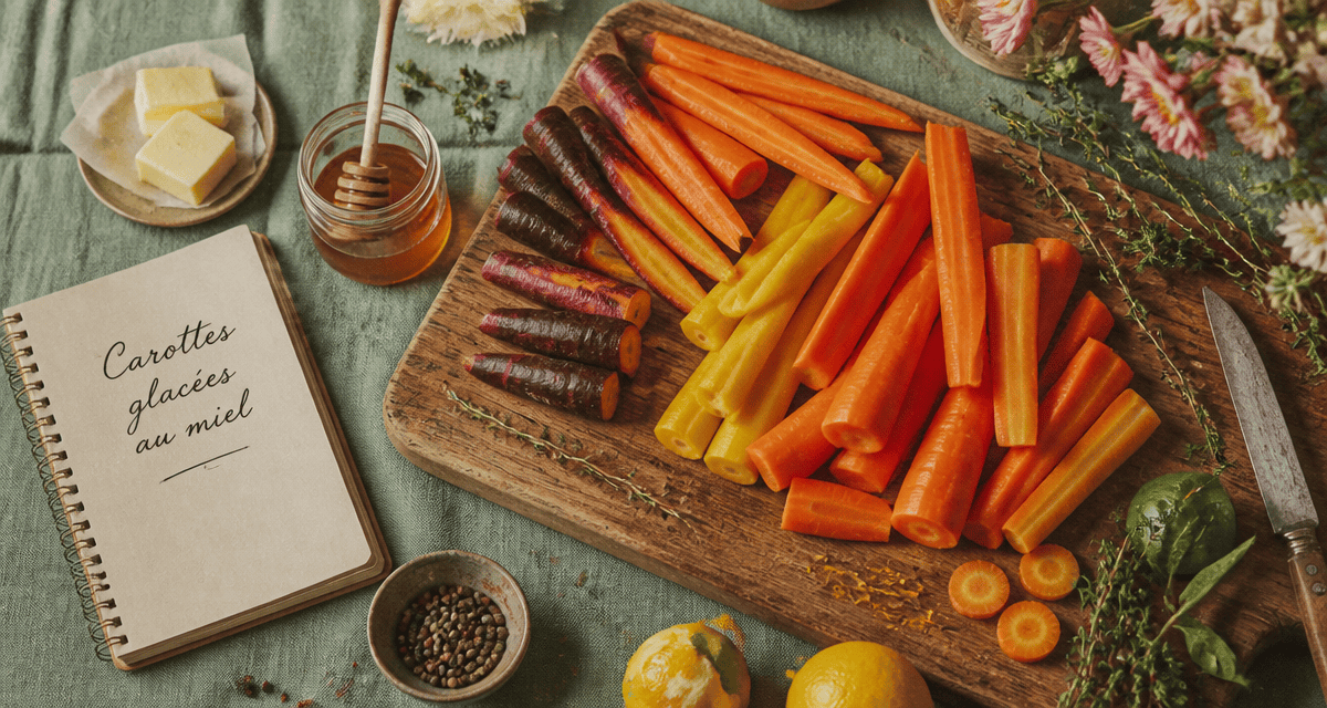 recette carotte fondante multicolore au miel sur planche