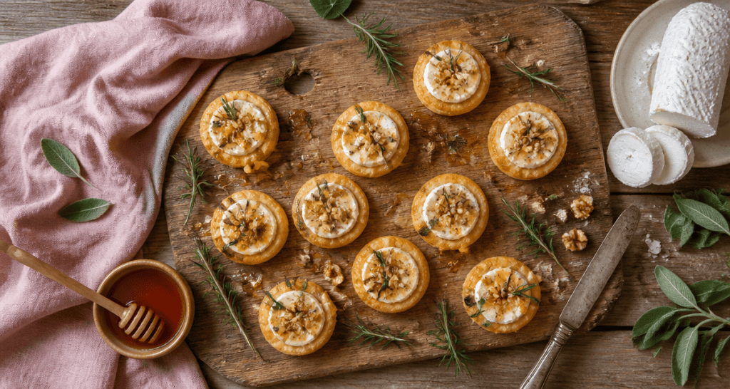 recette feuilleté salé chèvre miel noix sur planche