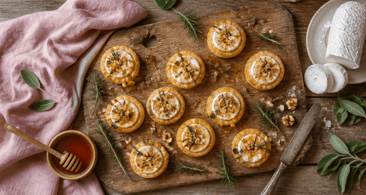 recette feuilleté salé chèvre miel noix sur planche
