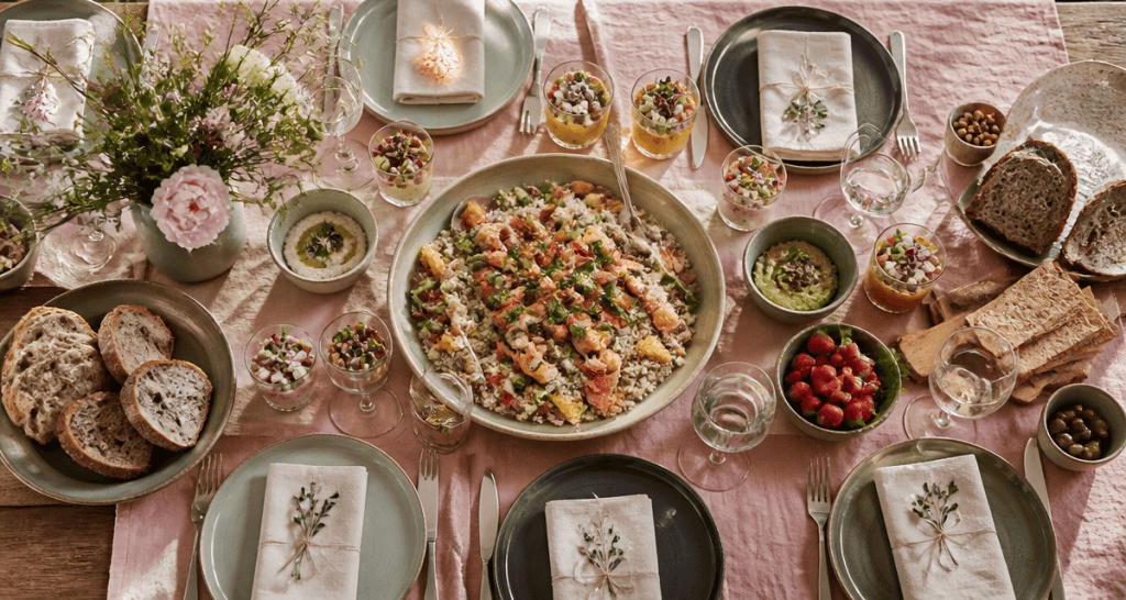 repas froid entre amis, table dressée avec taboulé, verrines et dips