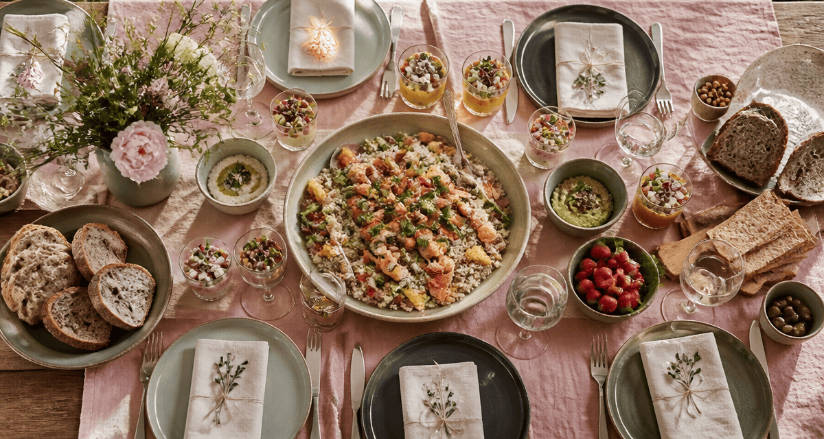 repas froid entre amis, table dressée avec taboulé, verrines et dips