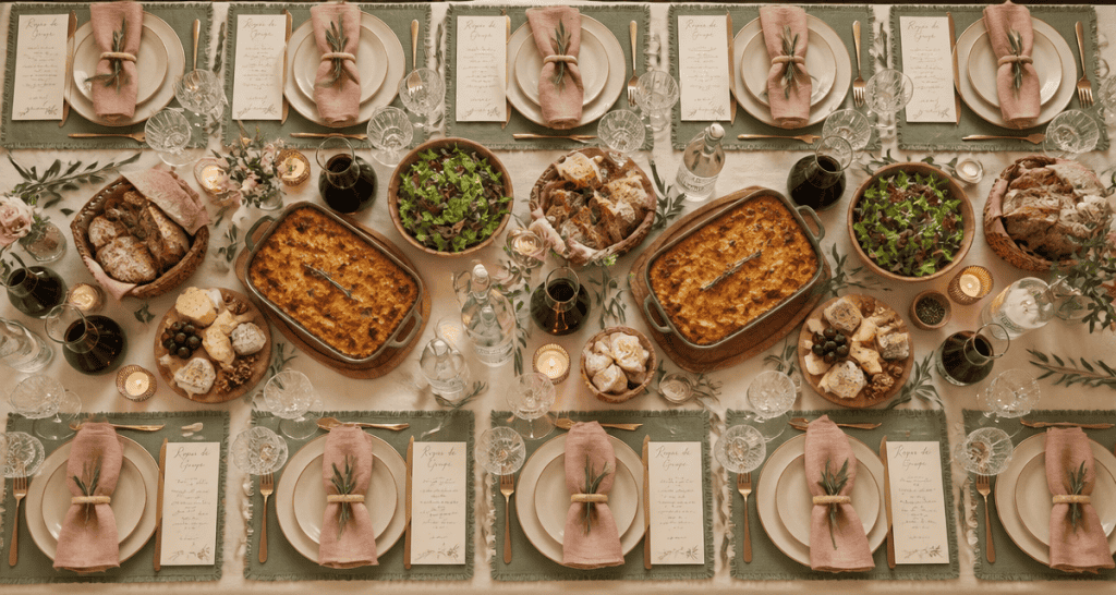 Repas pour 30 personnes table dressée plats conviviaux