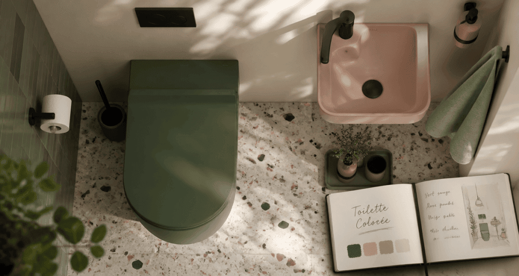 toilette coloré cuvette verte et accessoires roses terrazzo