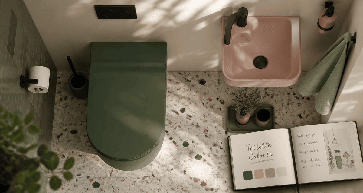 toilette coloré cuvette verte et accessoires roses terrazzo