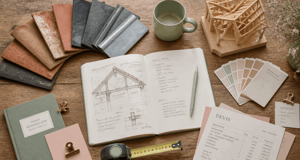 Toiture à refaire, échantillons et devis sur table