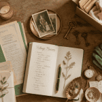 Vidage maison, table avec objets triés et carnet