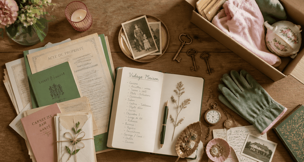 Vidage maison, table avec objets triés et carnet