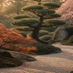 Arbres japonais niwaki : érable et pin sculpté au jardin