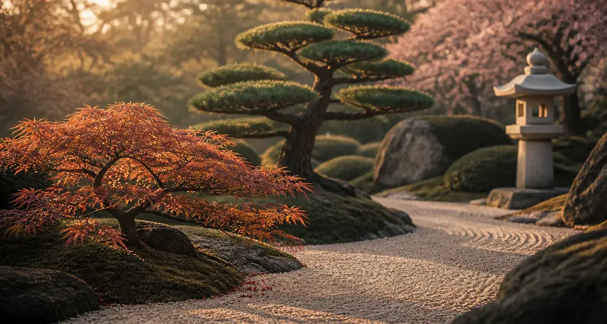 Arbres japonais niwaki : érable et pin sculpté au jardin