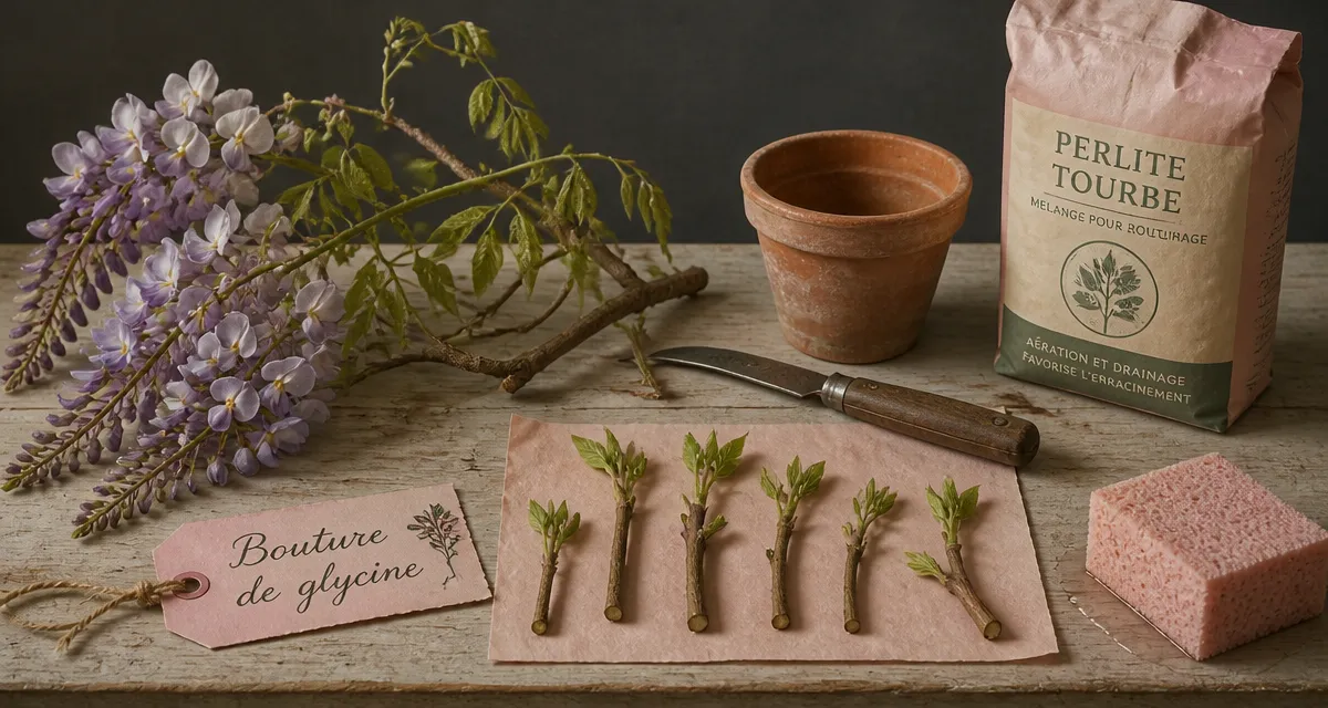 Bouture glycine : rameau en boutures, perlite et pot en terre cuite