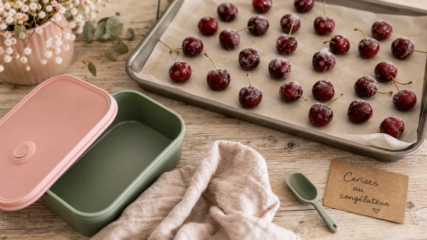 Cerise au congélateur : cerises surgelées séparées sur plaque