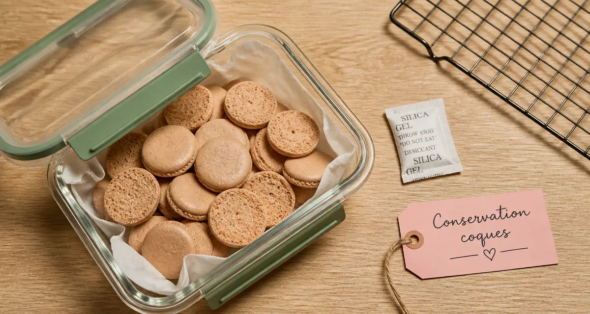 Conservation coque macaron vide : boîte hermétique et sachet anti-humidité pour garder le croquant