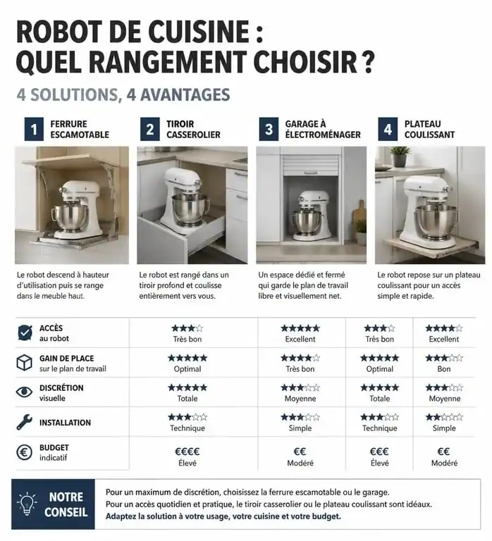 Infographie comparative des astuces de rangement pour robot de cuisine : ferrure, tiroir, garage et plateau.