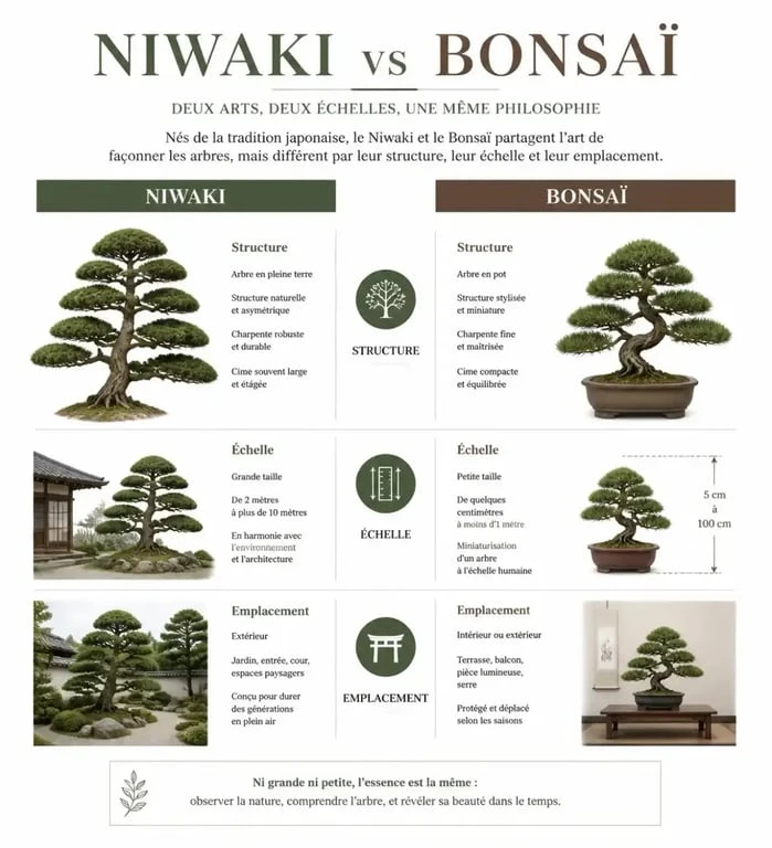 Comparatif visuel entre la taille Niwaki et le Bonsaï pour les arbres japonais