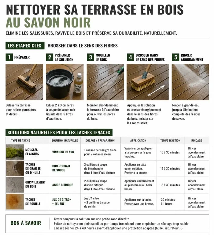 Infographie des étapes de nettoyage d'une terrasse en bois au savon noir et traitement des taches
