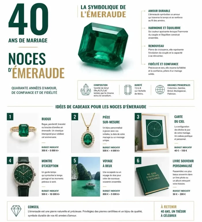 Infographie sur la symbolique et les idées de cadeaux pour 40 ans de mariage noces d'émeraude