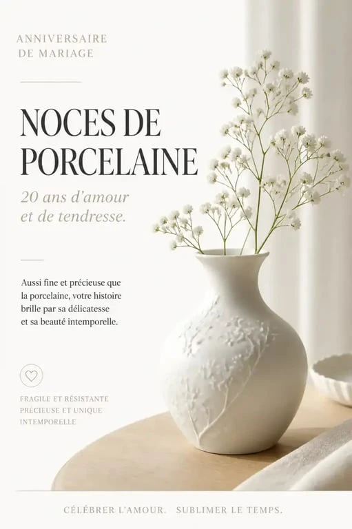 Célébration des 20 ans de mariage, noces de porcelaine avec objet décoratif raffiné.