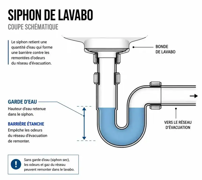 Schéma explicatif d'un siphon de canalisation pour comprendre l'origine d'une canalisation qui pue