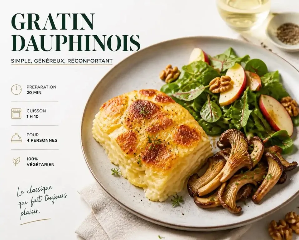 Assiette de gratin dauphinois sans viande accompagné de salade et champignons