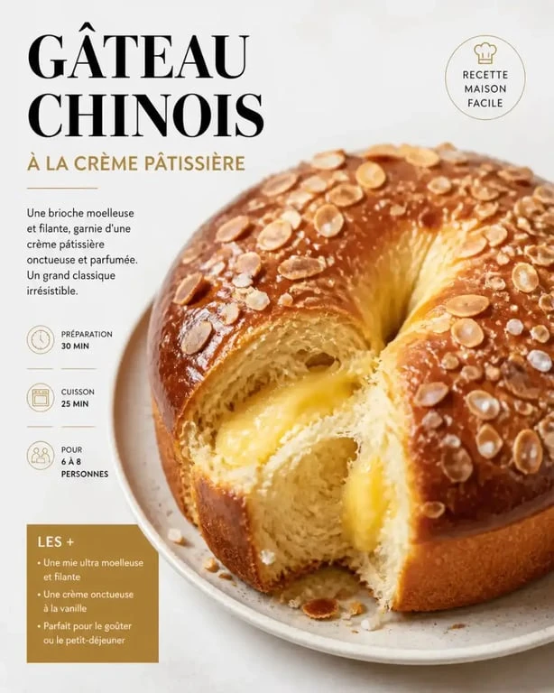 Gâteau chinois brioché traditionnel avec sa crème pâtissière et ses pépites de chocolat, prêt à être dégusté.