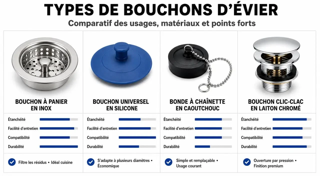 Infographie comparative des différents types de bouchons d'évier pour cuisine