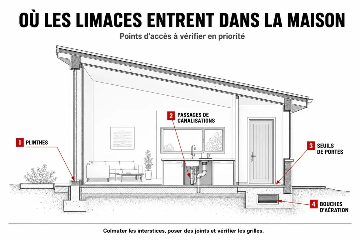 Schéma des points d'entrée des limaces dans la maison pour prévenir l'invasion