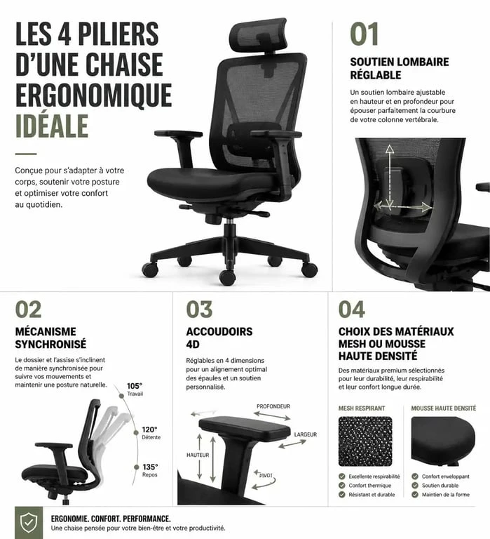 Infographie des critères essentiels pour choisir la meilleure chaise ergonomique 2025