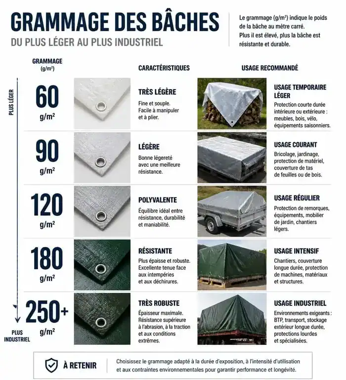 Tableau récapitulatif des grammages de bâches pour choisir la protection adaptée à vos besoins