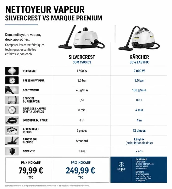 Comparatif technique et prix entre le nettoyeur vapeur Silvercrest Lidl et les marques premium