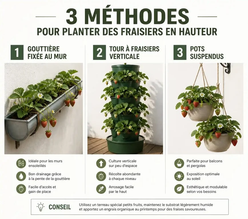 Méthodes de plantation de fraisier en hauteur : gouttières, tours et pots suspendus