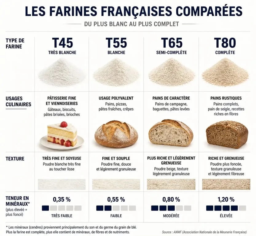 Tableau comparatif des types de farine T45, T55, T65 et T80 et leurs utilisations en cuisine pour choisir la bonne farine