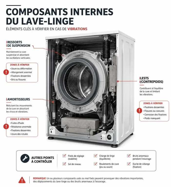 Schéma des composants internes d'un lave-linge pour diagnostiquer pourquoi ma machine à laver se déplace à l'essorage