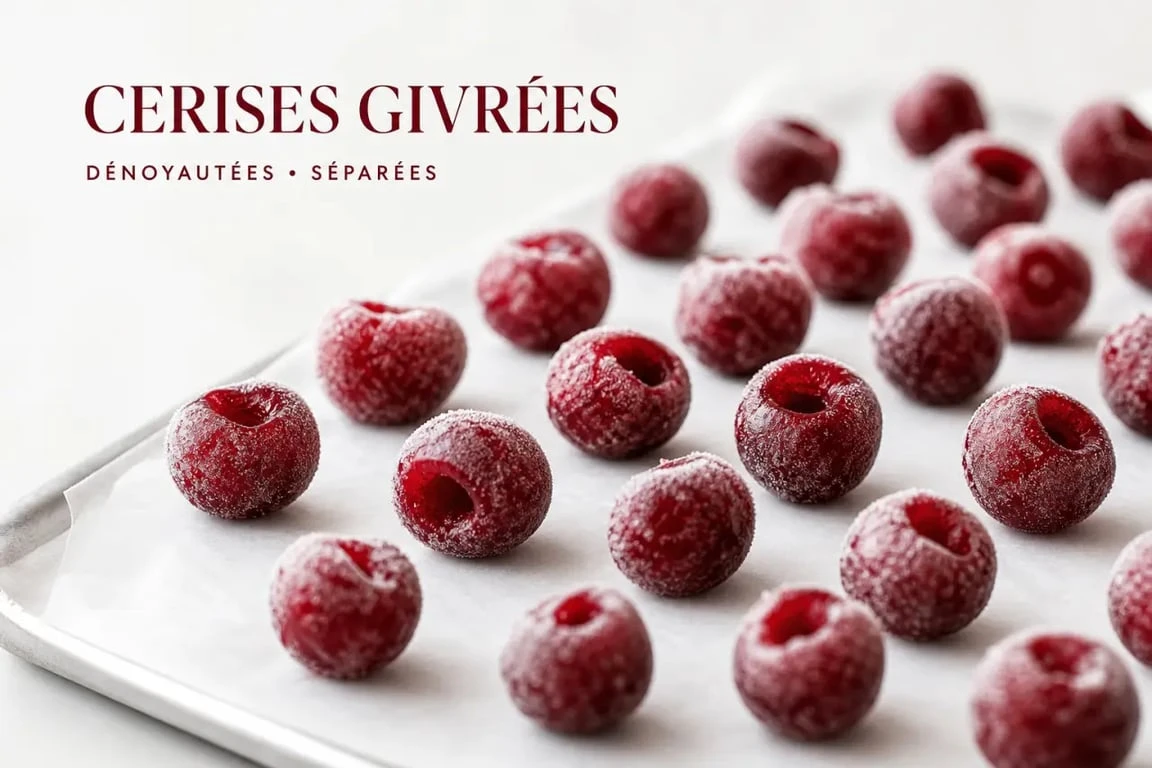 Cerises au congélateur préparées avec la méthode de la plaque pour une conservation individuelle.