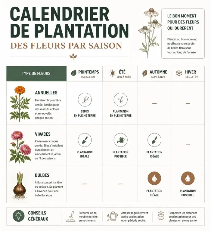 Calendrier de plantation des fleurs : quand planter annuelles, vivaces et bulbes
