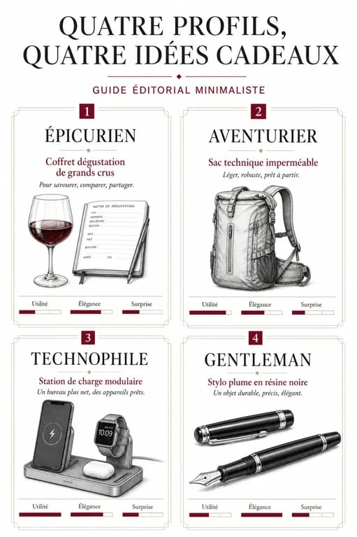 Infographie des idées de cadeaux d'anniversaire pour homme selon le profil