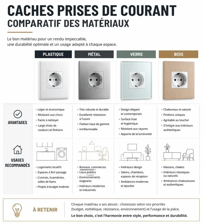 Comparatif des matériaux pour cache prise de courant : plastique, métal, verre et bois