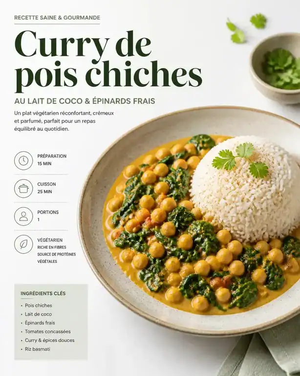 Curry de pois chiches express, une idée de menu semaine pour 1 personne simple et équilibrée.
