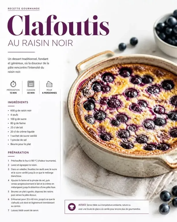 Clafoutis fondant au raisin noir et amandes, une recette au raisin gourmande et facile à réaliser.