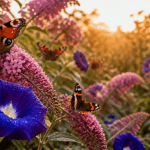 Fleur papillon bleue et papillons sur fleurs