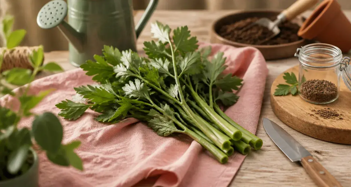Liveche fraîche au jardin, tiges et feuilles à cuisiner