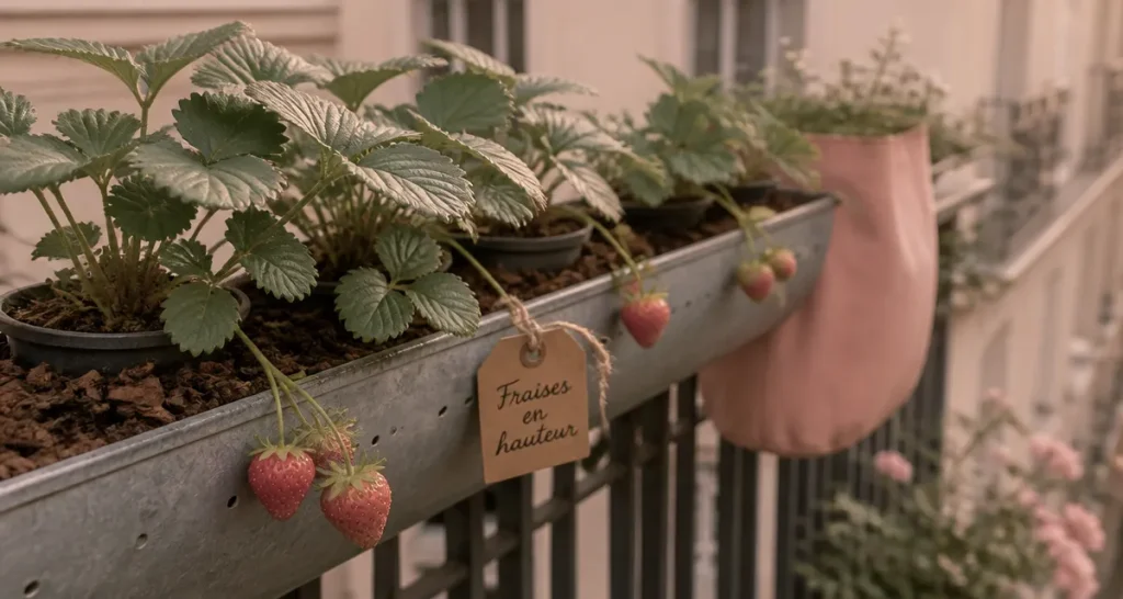 Plantation fraisier en hauteur : fraises en gouttières zinc