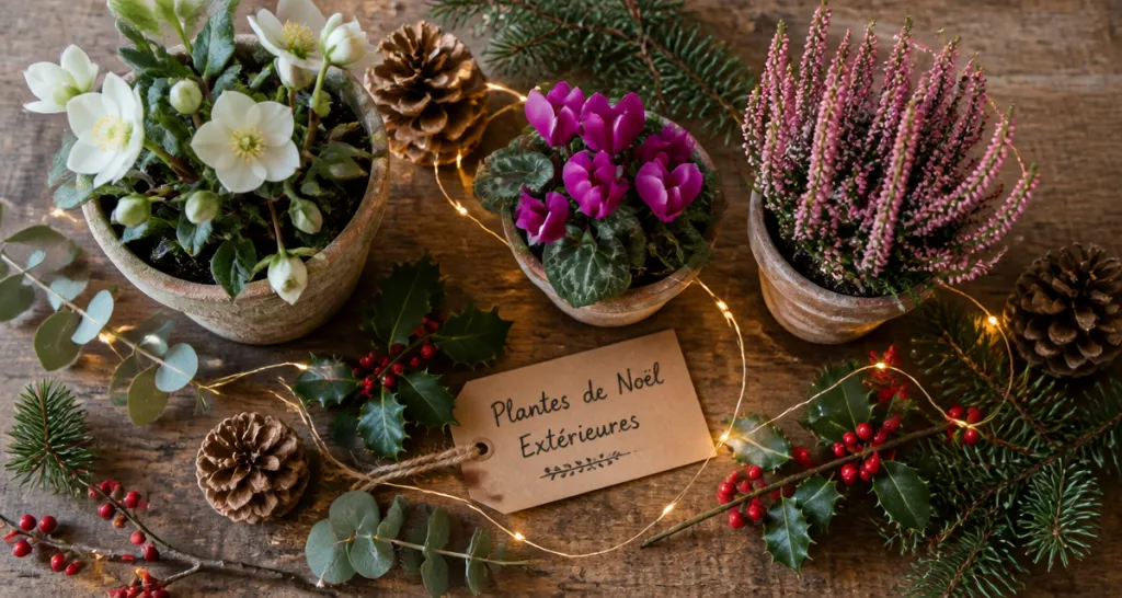 plante de noel exterieur en pot sur table bois