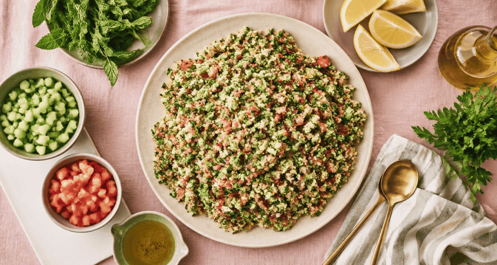 recette taboulé méditerranéen assiette et ingrédients