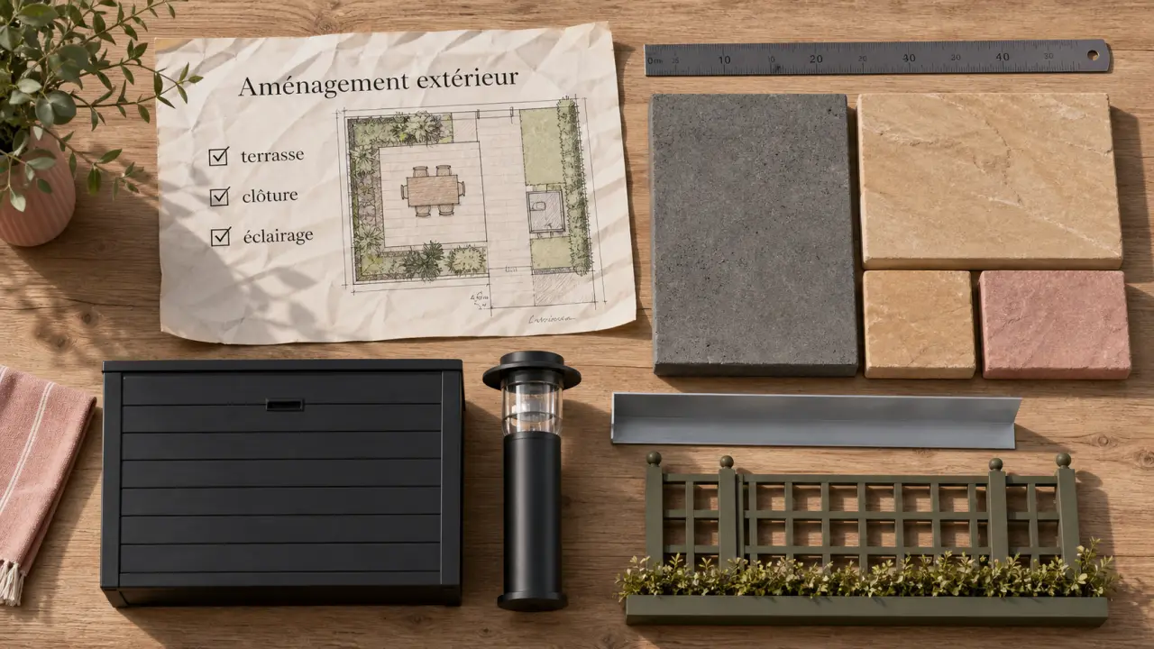 Aménagement extérieur Leroy Merlin : terrasse, clôture et éclairage