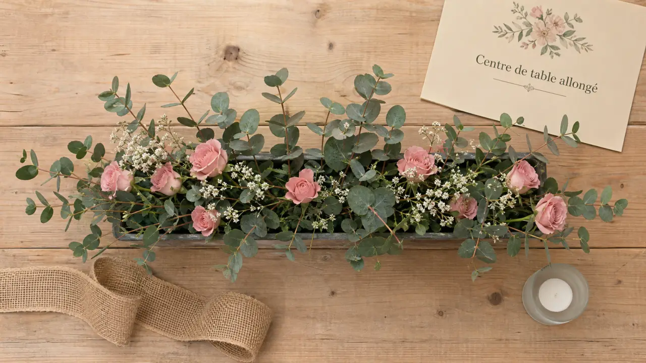 Art floral centre de table allongé, composition florale horizontale avec mousse et roses